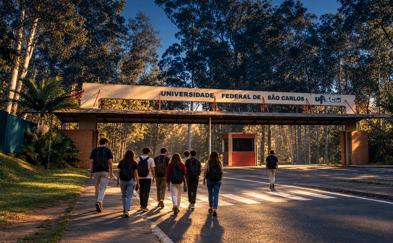 Estudantes caminham juntos pela entrada da UFSCar ao fim da tarde, em direção ao campus.