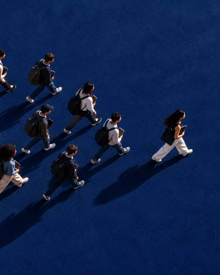 Vista do alto de estudantes caminhando em grupo sobre um chão azul; uma estudante vai à frente e os outros a seguem.